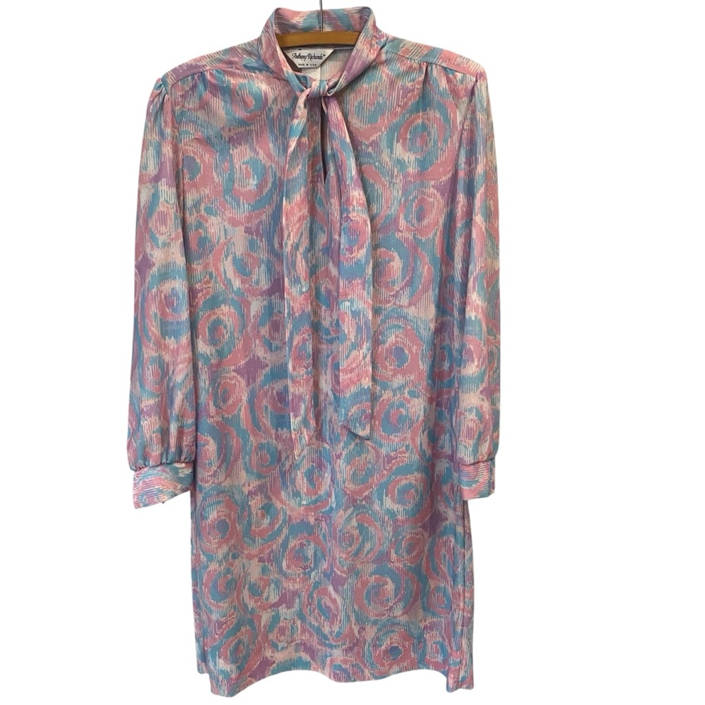 Anthony Richards Vintage Polyester Shirt Dress Pastel Pink Swirl  Bow Tie Easter